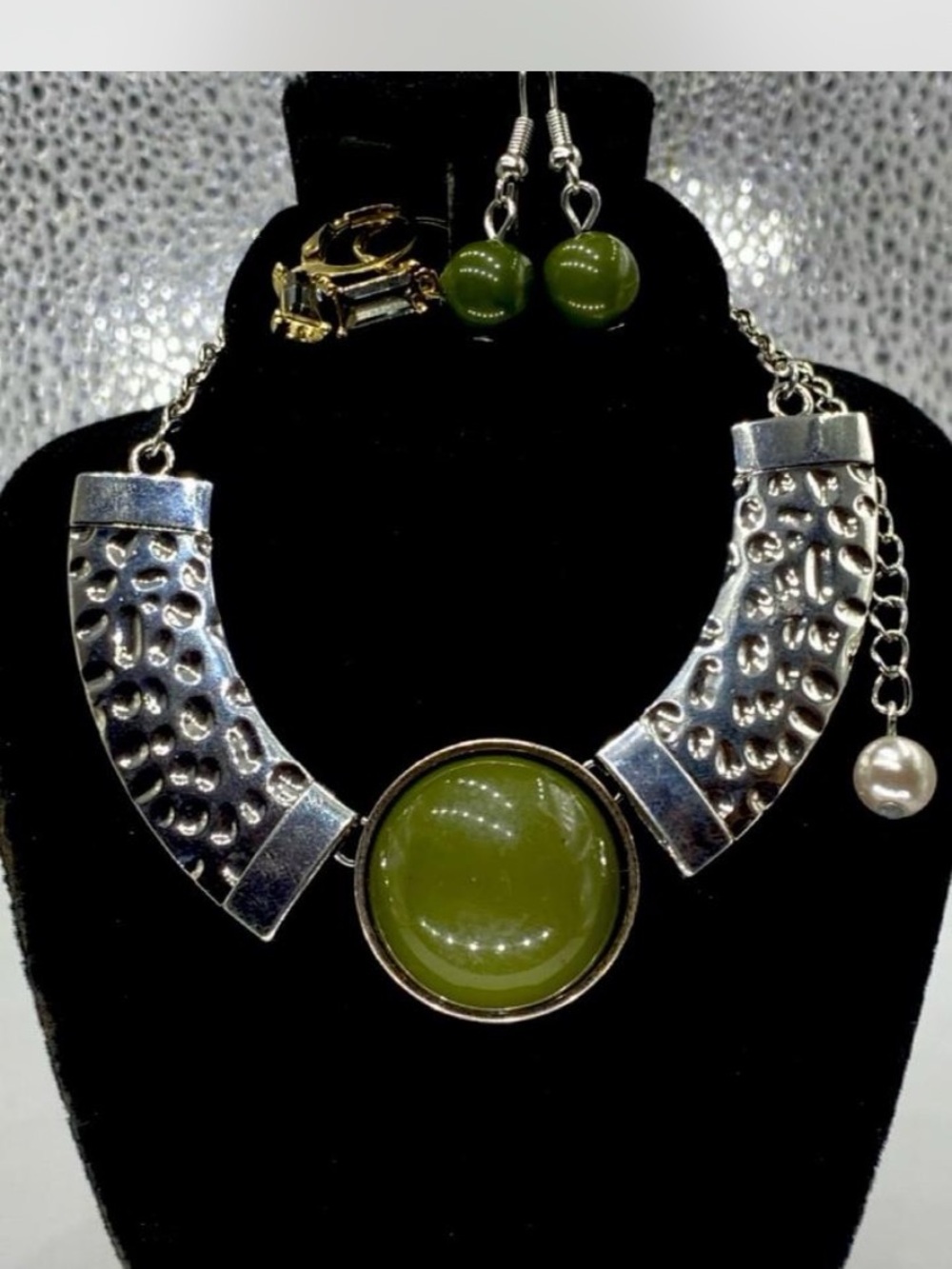 Statement * Hunter Green / Olive * Pendant Necklace / 2x Earrings ^ Hammered ^^^